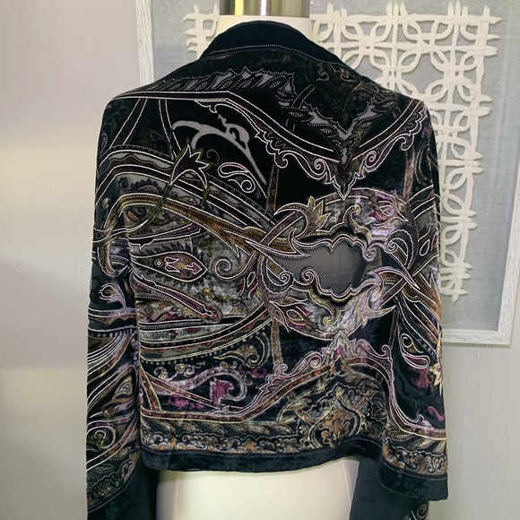 Colorful printed silk and velvet scarf with fringe - Picture 2 of 7